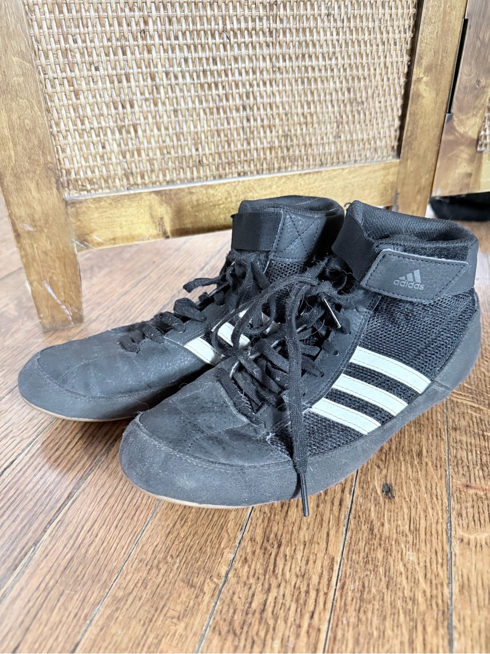 adidas Black High-Top Athletic Wrestling/Training Shoes with White Stripes